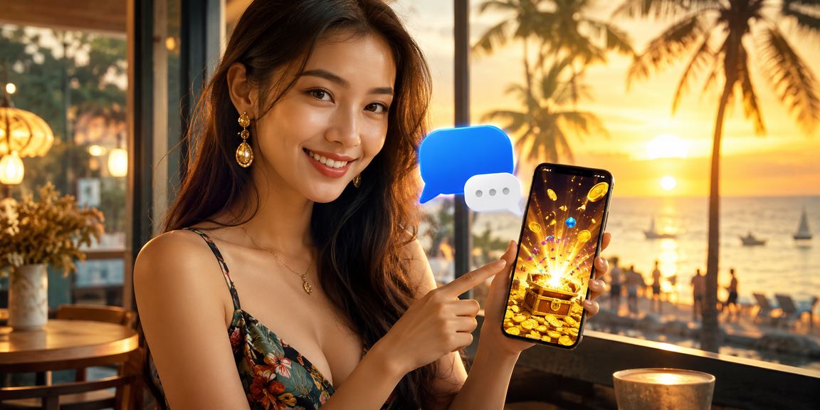 Khách du lịch Phú Quốc ngồi quán cà phê biển kiểm tra tài khoản casino và số dư ví điện tử